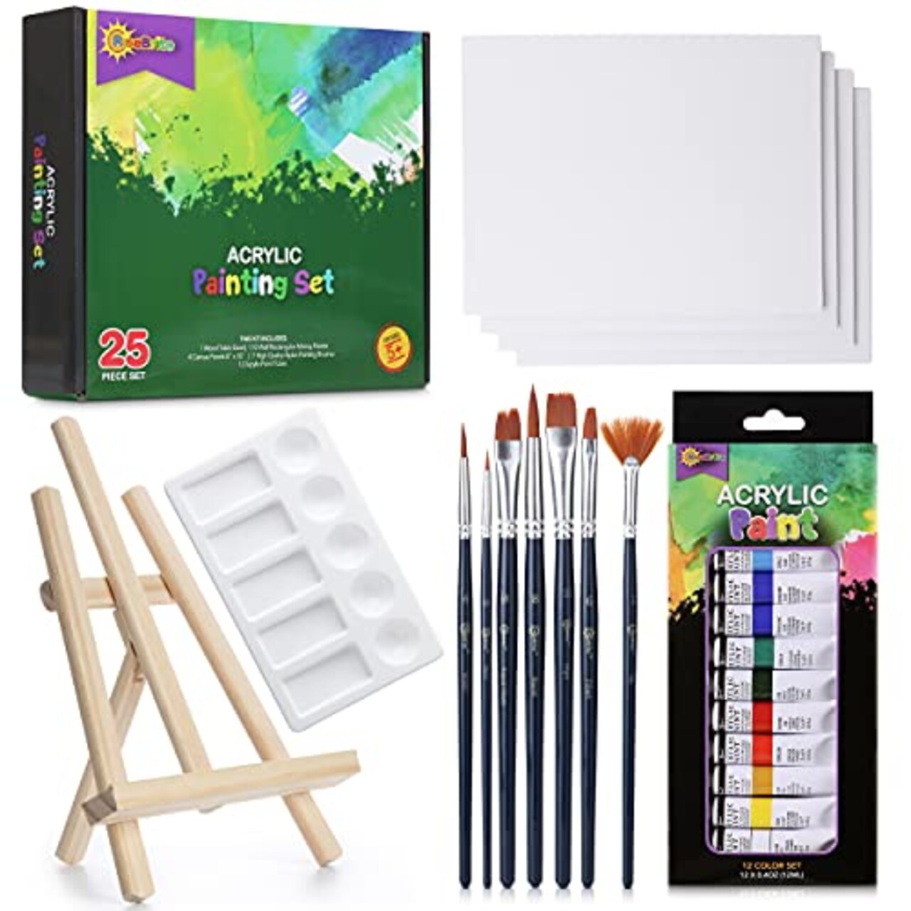 RISEBRITE Kids Art Set 25 Pcs – Deluxe Acrylic Paint Set for Kids Includes  Non Toxic Paint, Tabletop Easel, Paint Brushes, Canvas, Painting Pad